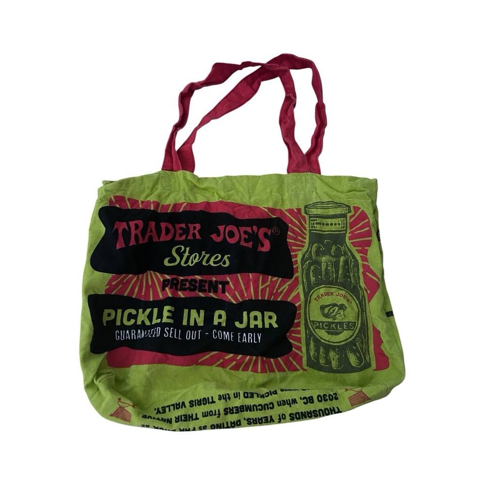Trader Joe's PICKLE IN A JAR Canvas Cotton Tote Reusable Grocery Tote Bag Green